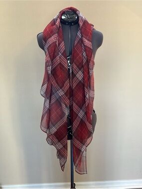 Red plaid polyester sheer scarf customized on Redbubble